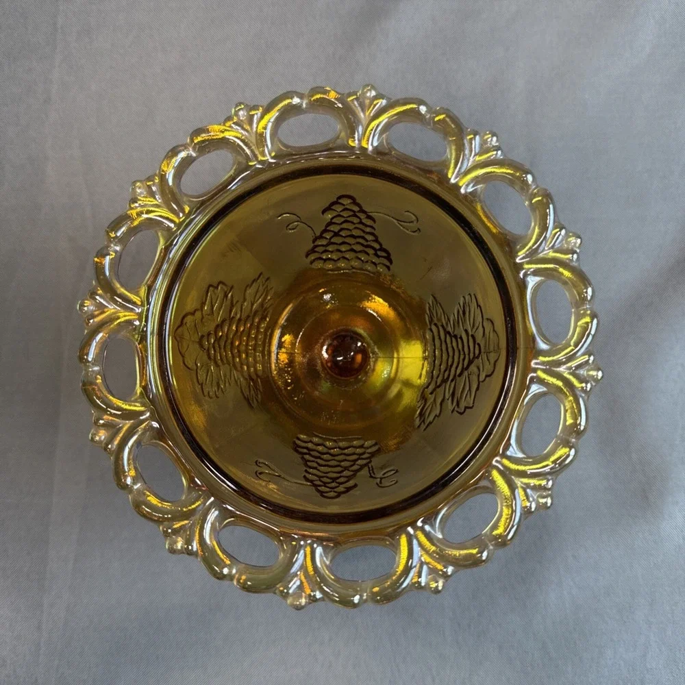 Vintage Harvest Grape Marigold Carnival Glass ‎ Pedestal Fruit Compote Or Candy